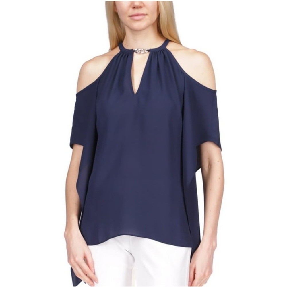 MICHAEL KORS Womens Cut Out Cold Shoulder Round Neck Top XS
